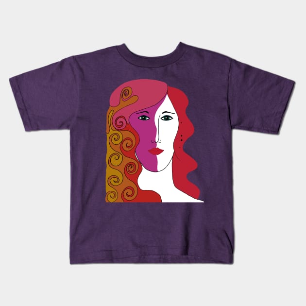 Woman's Face with Red, Pink and Orange Colored Hair Kids T-Shirt by karenmcfarland13